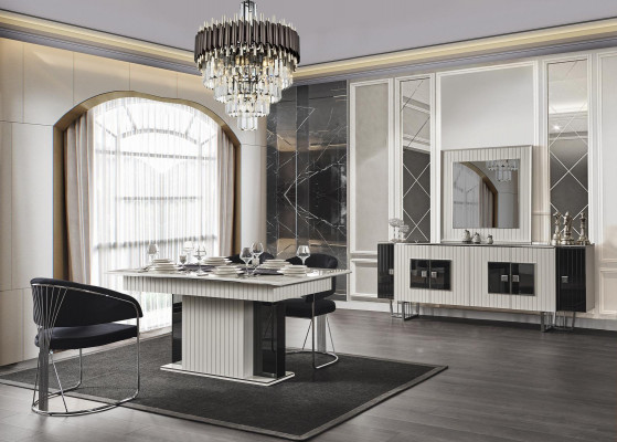 Salle à manger de luxe Ensembles de salle à manger Table à manger avec 6x fauteuils Commode Miroir 8 pièces
