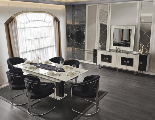 Salle à manger de luxe Ensembles de salle à manger Table à manger avec 6x fauteuils Commode Miroir 8 pièces