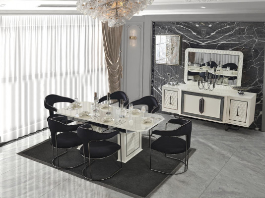 Ensemble de salle à manger moderne Table à manger blanche 6 chaises bahut blanc Miroir neuf