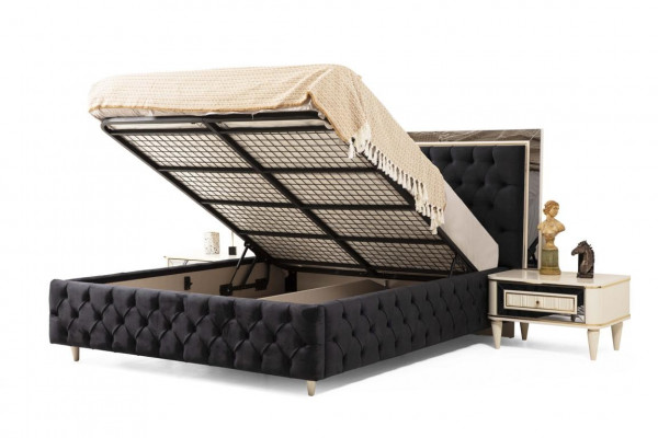 Lit Chesterfield 2x Table de chevet Commode Miroir Tabouret Ensemble de chambre 6 pièces