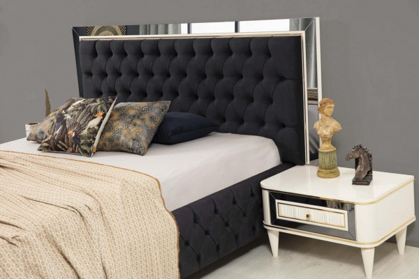Lit Chesterfield 2x Table de chevet Commode Miroir Tabouret Ensemble de chambre 6 pièces