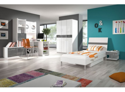 Chambre d'enfants grise Lit simple complet Armoire Commode Chambre de jeunesse de 5 pièces