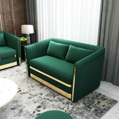 Canapé design vert à deux places, xxl, grand canapé, tissu en cuir.