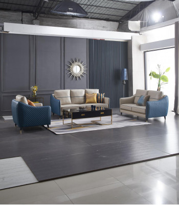 Set de canapé bleu-beige 3+2 en cuir Modèle de canapé décoratif rembourré