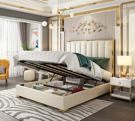 Chambre classique Lit blanc Lits Textile Rembourrage en cuir Double