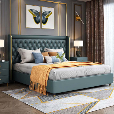 Chambre Lit Tables de chevet Ensemble de 3 pcs. Design Décoratif Lits de luxe en cuir