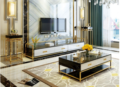 Table basse en métal de luxe Or Noir Brillant Canapé Table de salon