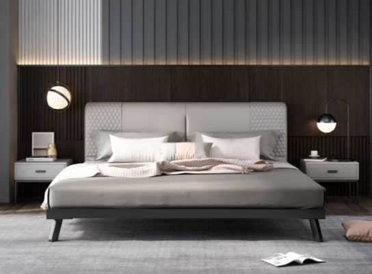 Lit en cuir de luxe avec structure en métal doré, rembourrage pour hôtel, 180x200cm, gris.