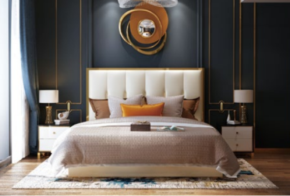 Design de lit en cuir de luxe Lits en métal doré Chambre d'hôtel avec rembourrage en cuir