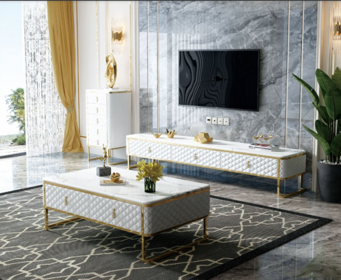 Table basse Table d'appoint en verre de designer imitation marbre en acier inoxydable