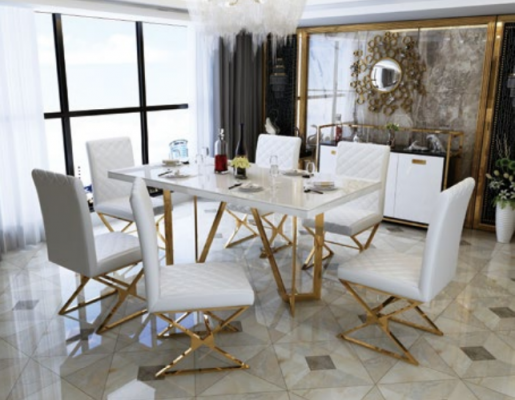 Table de salle à manger moderne en acier inoxydable, ensemble de meubles, table en verre, 6 chaises avec accoudoirs