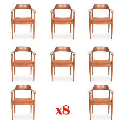 Set de 8 chaises de fauteuil design en bois avec revêtement en tissu pour salle à manger.
