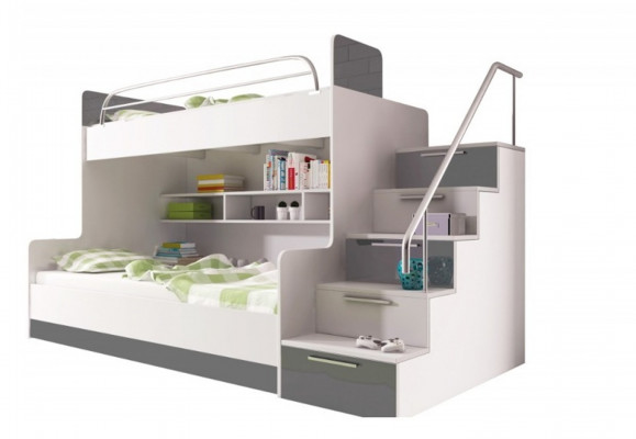 Lit superposé gris à deux niveaux Lit superposé Chambre d'enfant Lits Lit mezzanine Mobilier laqué
