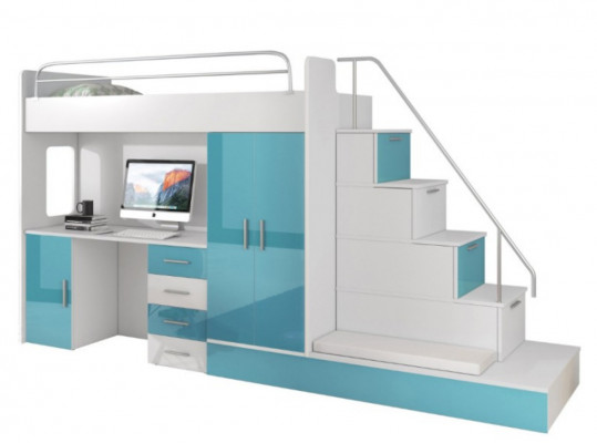 Lit superposé Lit mezzanine Bleu Chambre d'enfants Lits Lits mezzanines Lit superposé Turquoise Lit neuf