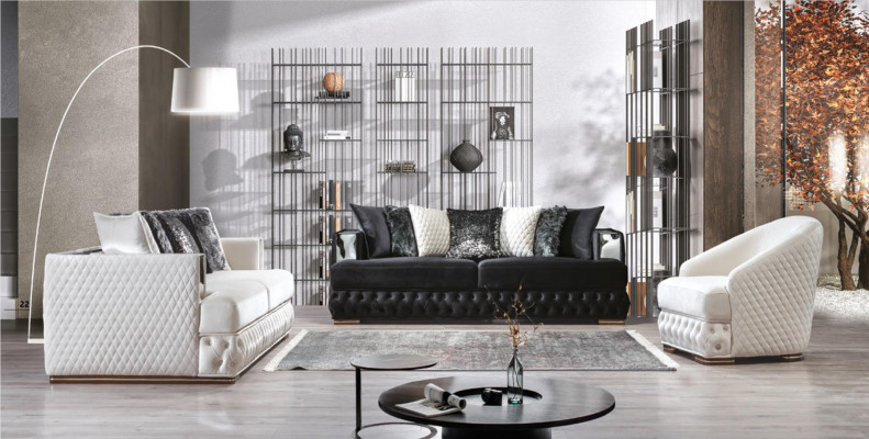 Ensemble de canapés de luxe Chesterfield en tissu pour 3+3+1 personnes.