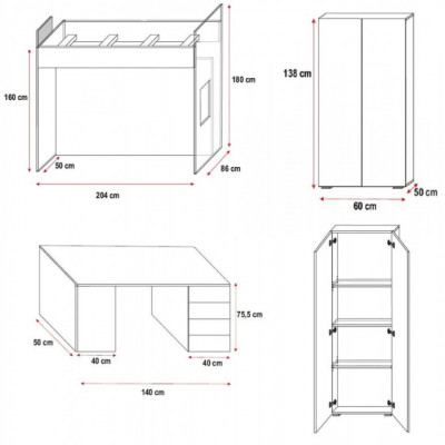 Lits superposés doubles noirs en bois Lit superposé filles Bureau brillant Armoire