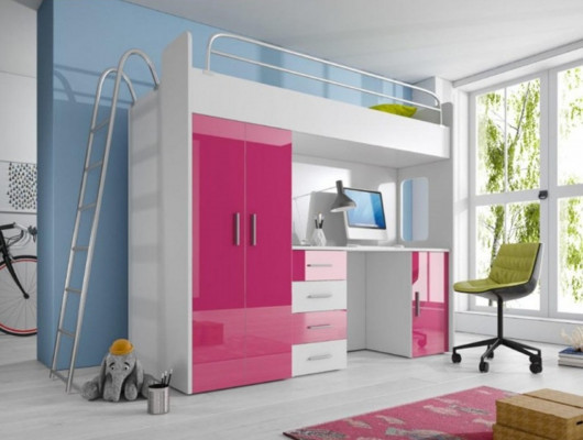 Lit superposé double rose en bois Lits superposés pour filles avec bureau brillant et armoire