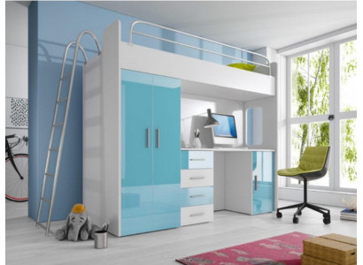 Lits superposés doubles bleus en bois, lits superposés pour filles avec bureau et armoire laquée brillante