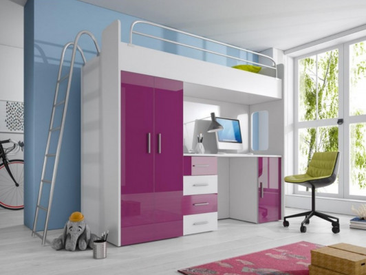 Lit superposé double violet en bois Lit superposé filles Laqué avec bureau Armoire