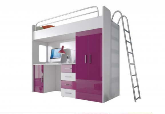 Lit superposé double violet en bois Lit superposé filles Laqué avec bureau Armoire