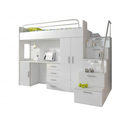 Chambre d'enfants Lit superposé double Blanc Table Armoire Lit superposé multifonctionnels loft