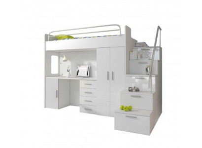 Chambre d'enfants Lit superposé double Blanc Table Armoire Lit superposé multifonctionnels loft