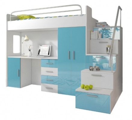 Lit superposé double Lit superposé Lit Lit d'enfants Lit de jeunes Lit mezzanine Bleu Chambre d'enfants