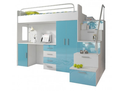 Lit superposé double Lit superposé Lit Lit d'enfants Lit de jeunes Lit mezzanine Bleu Chambre d'enfants