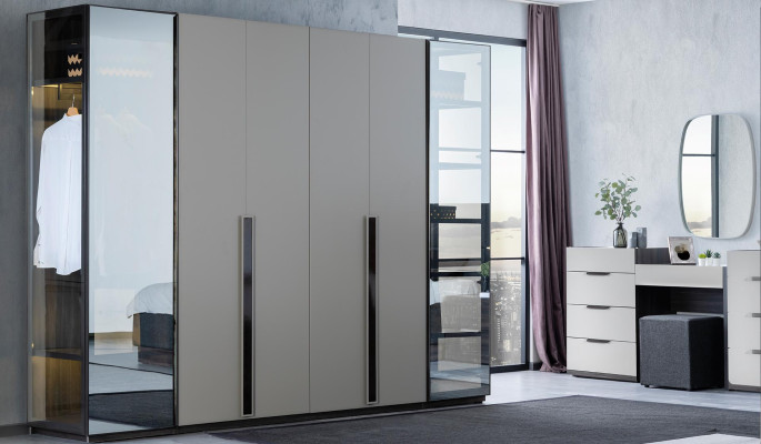 Ensemble de chambre grise Ensemble complet de meubles Lit Armoire Tables de chevet Meubles 5 pièces en bois