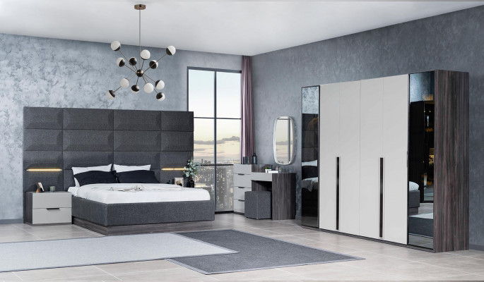 Chambre Lit Table de chevet Armoire Commode avec Miroir Mobilier Bois Luxe