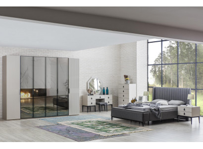 Ensemble de chambre gris clair Meuble complet Lit Armoire Tables de chevet 7 pièces