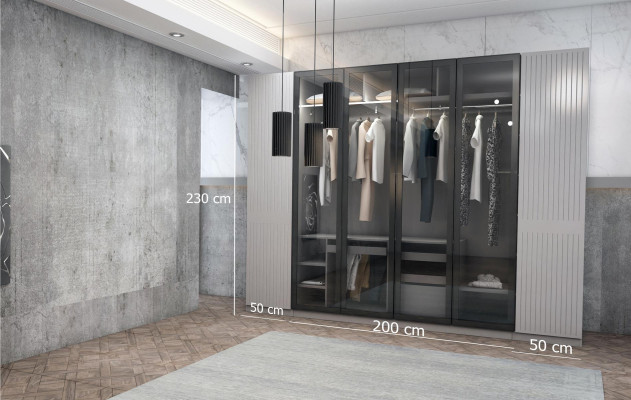Ensemble de chambre gris clair Meuble complet Lit Armoire Tables de chevet 7 pièces