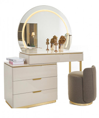 Ensemble de chambre à coucher complet de luxe Beige Or Commode Lit Table de chevet 7 pièces. briller