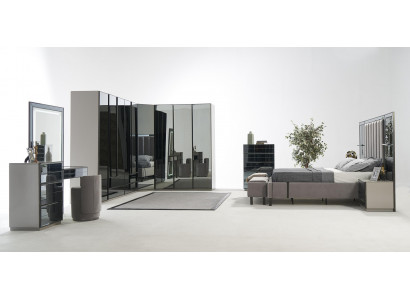 Lit de chambre en verre de luxe Table de chevet Armoire d'angle Commode Miroir Tabouret Gris