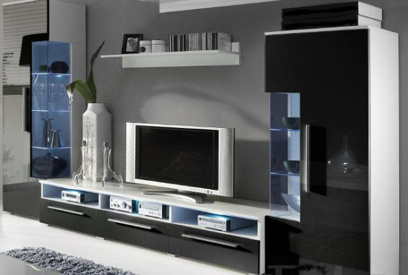 Unité murale de designer, meuble TV, buffet TV, 2 vitrines, armoire d'extension, salon mural nouvel