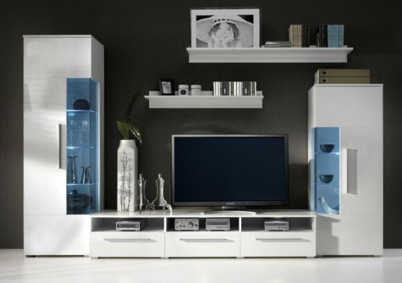 Unité murale de designer, meuble TV, buffet TV, 2 vitrines, armoire d'extension, salon mural nouvel