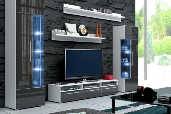 Unité murale de designer, meuble TV, buffet TV, 2 vitrines, armoire d'extension, salon mural nouvel