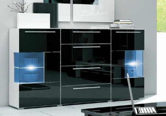 Commode de designer Vitrine en verre Buffet Meuble haut Armoire Commode laquée LED en verre