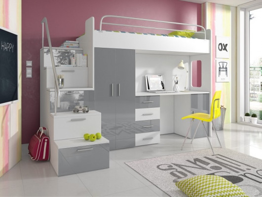 Lit de jeunesse Ensemble complet de chambre à coucher Lit pour enfants Lits Armoire Table GRIS