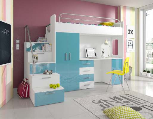 Lit de jeunesse Ensemble complet de chambre à coucher Lit pour enfants Lits Armoire Table GRIS