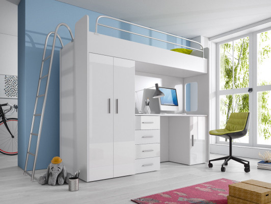 Lit superposé double BUNK BETT Lit superposé avec bureau + armoire -RAJ 4D blanc