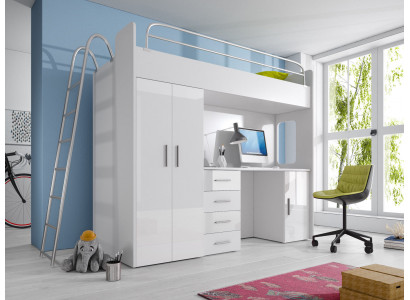 Lit superposé double BUNK BETT Lit superposé avec bureau + armoire -RAJ 4D blanc