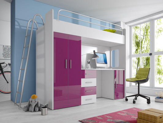Lit superposé double BUNK BETT Lit superposé avec bureau + armoire -RAJ 4D blanc