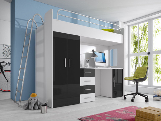 Lit superposé BUNK BETT Lit superposé Bureau + Armoire - RAJ 4D Noir
