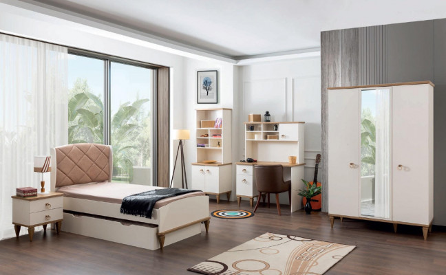 Ensemble de chambre de jeunes unisexe avec lit, table de chevet, étagère, table 5 pièces. nouveau