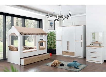 Chambre d'enfants Lit Maison Lit avec Baldaquin Ensemble de chambre à coucher Miroir 4 pièces.