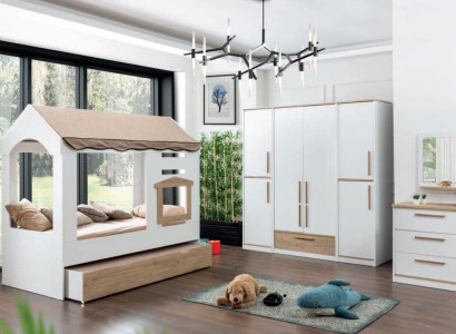 Chambre d'enfants Lit Maison Lit avec Baldaquin Ensemble de chambre à coucher Miroir 4 pièces.