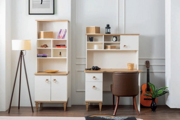 Ensemble de bureau comprenant un bureau beige et une bibliothèque, bureau de secrétaire, design 2 pièces. nouveau.