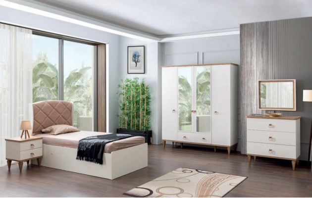 Chambre d'enfants Beige Ensemble Lit d'enfants Table de chevet Modèle de chambre de garçon Moderne Nouveau 2 pièces.