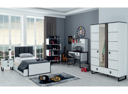 Chambre d'adolescent Ensemble de meubles de chambre à coucher Lit + Table de chevet Noir Blanc 2 pièces.